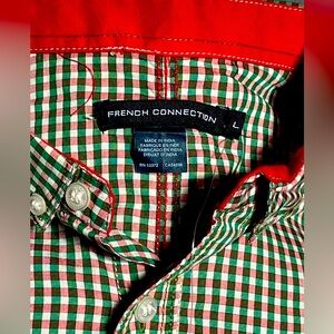 French connection Holiday Collection red green white collar button shirt